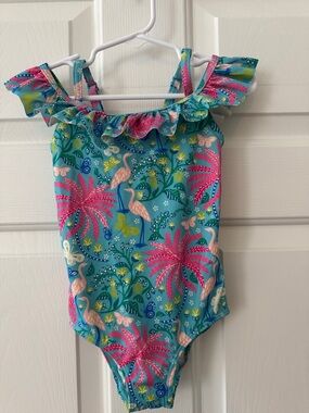 Mini Boden - EUC -  3-4Y one piece flamingo and beach print with ruffle details
